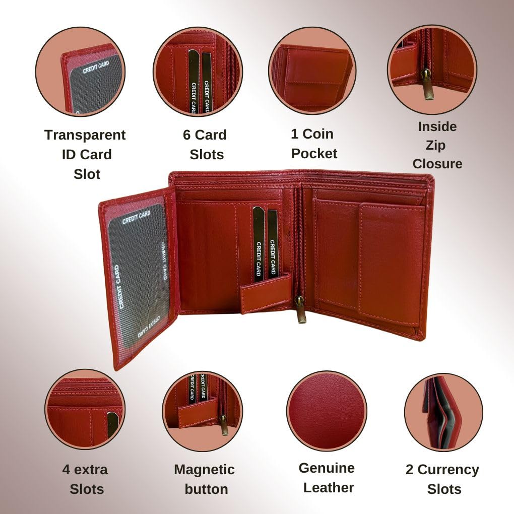 Madosh Genuine Leather Men's Wallet Red Bifold Purse | RFID Protected | Cards Holder Coin Pocket